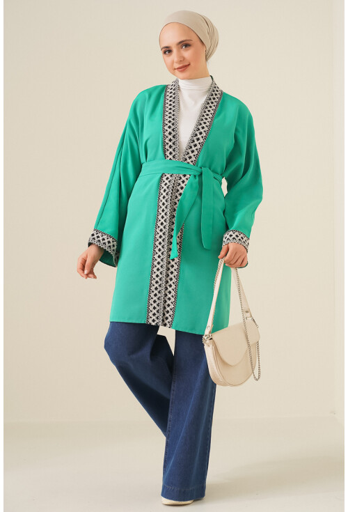 5867 Nakışlı Keten Kimono