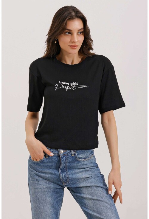 0472 Baskılı Oversize Örme Tişört