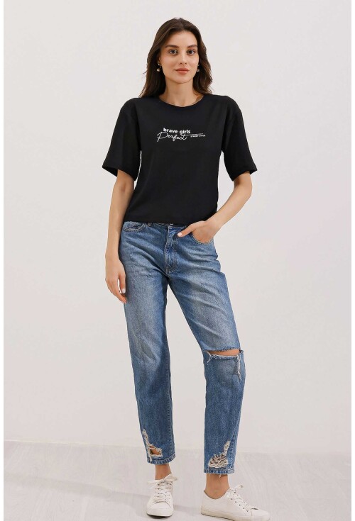 0472 Baskılı Oversize Örme Tişört