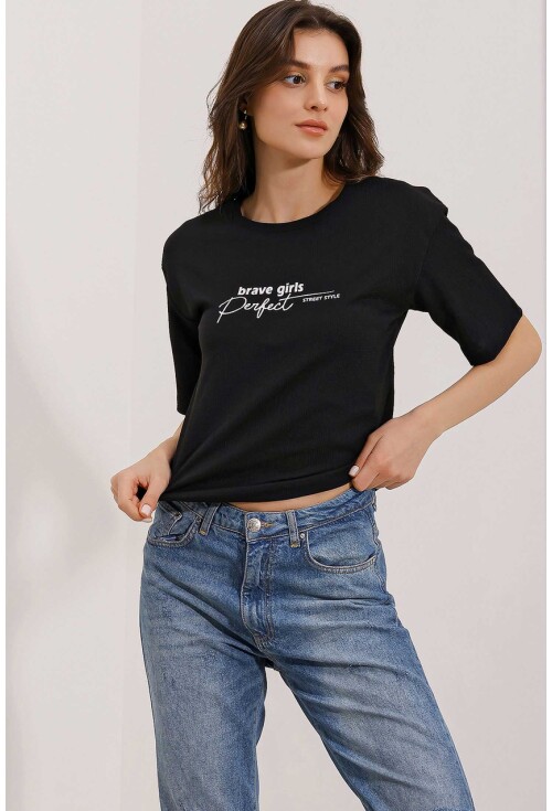 0472 Baskılı Oversize Örme Tişört