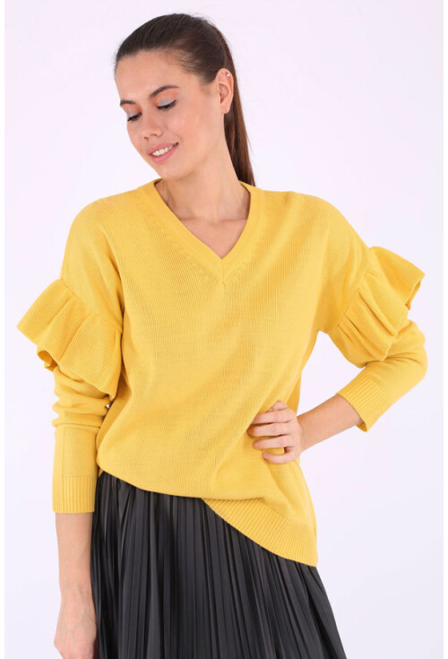 15627 V Yaka Kolları Fırfırlı Triko Kazak