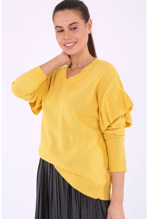 15627 V Yaka Kolları Fırfırlı Triko Kazak