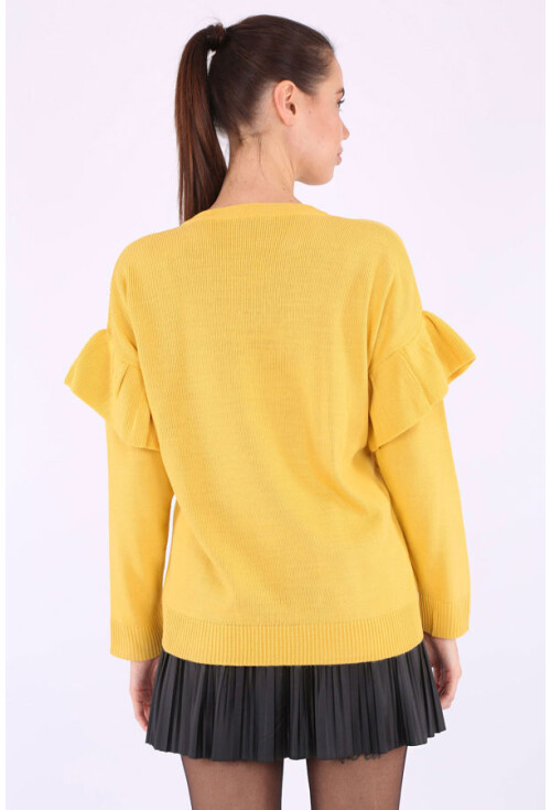 15627 V Yaka Kolları Fırfırlı Triko Kazak