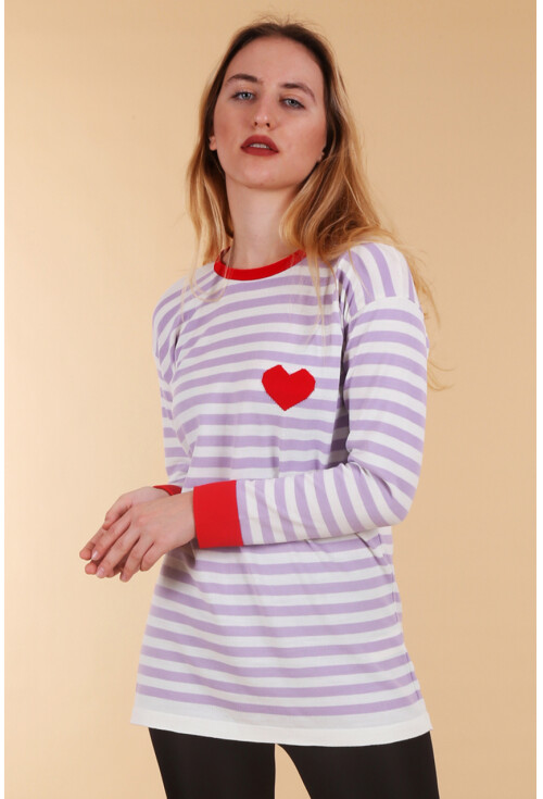 15766 Kalp Detaylı Siyah Beyaz Çizgili Oversize Triko Kazak