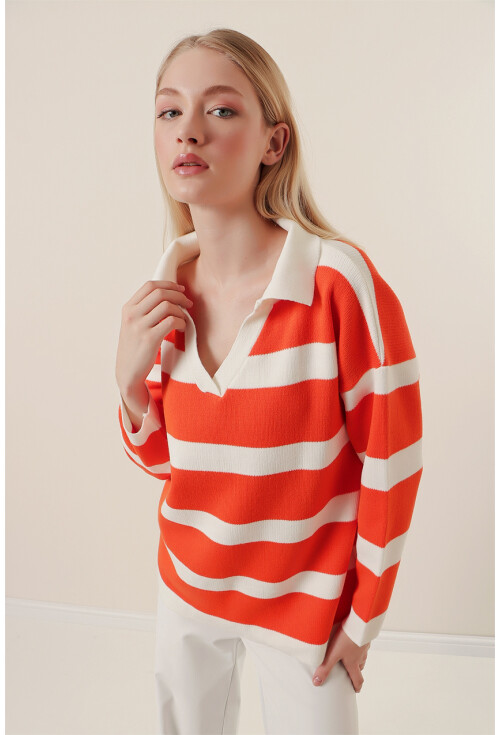 15792 Polo Collar Striped Sweater