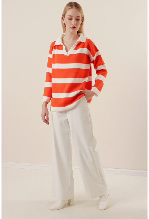 15792 Polo Collar Striped Sweater