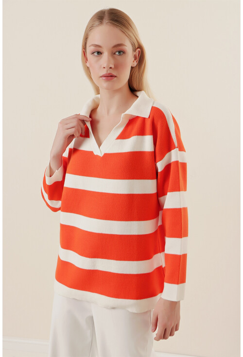 15792 Polo Collar Striped Sweater