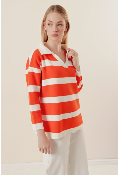 15792 Polo Collar Striped Sweater