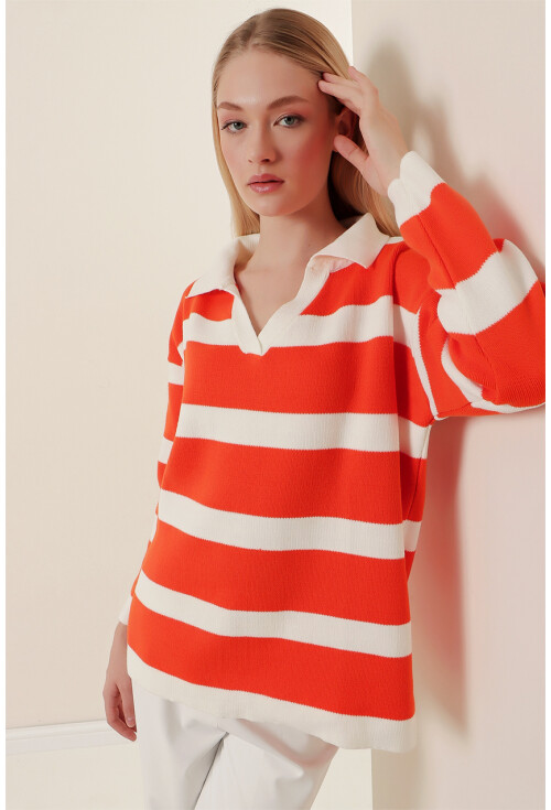 15792 Polo Collar Striped Sweater