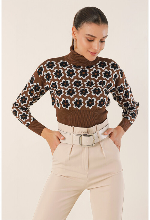 15801 Boğazlı Desenli Crop Kazak