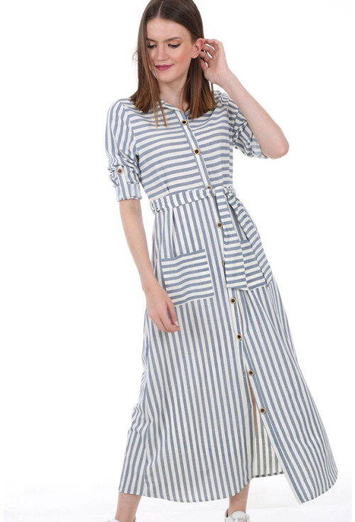 1659 Çizgili Boydan Düğmeli Elbise