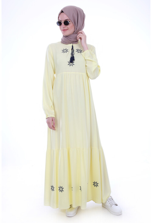 1685 Yaka İp Bağlama Nakışlı Tesettür Elbise