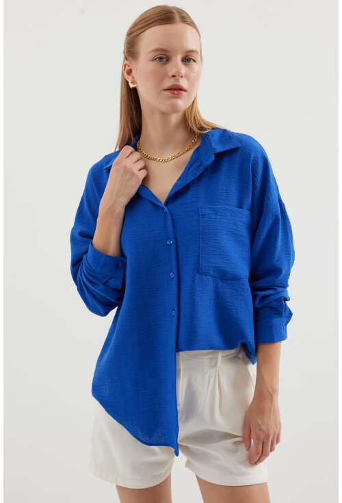 20153 Oversized Linen Shirt With Single Pocket