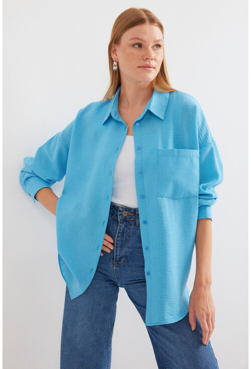 20153 Tek Cepli Oversize Keten Gömlek