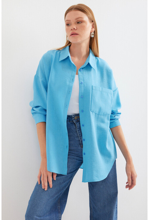 20153 Tek Cepli Oversize Keten Gömlek