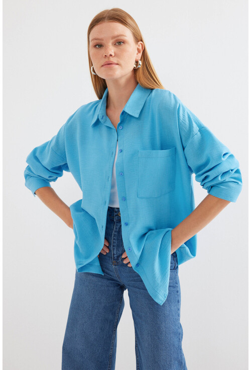 20153 Tek Cepli Oversize Keten Gömlek