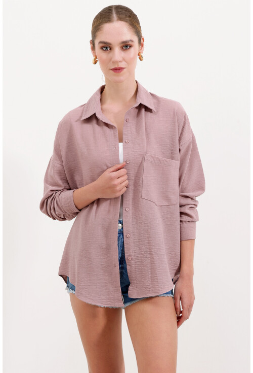 20153 Tek Cepli Oversize Keten Gömlek