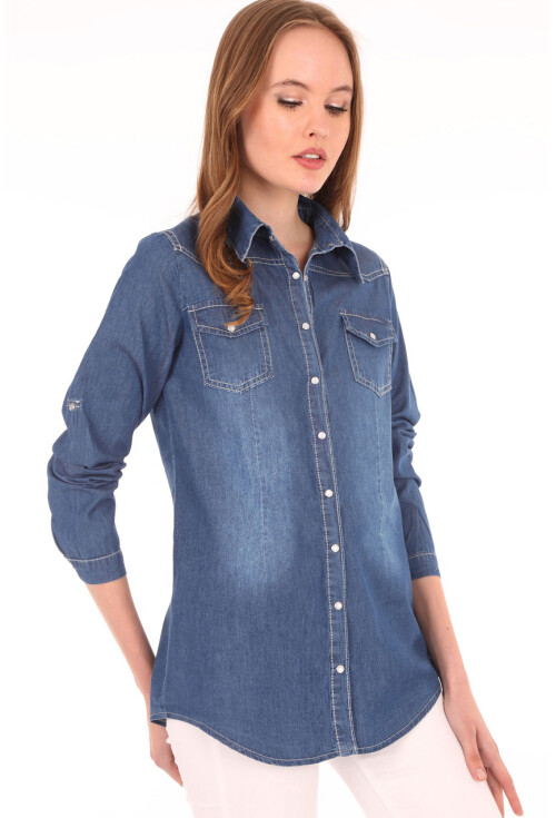 3411 Snap-Button Double Pocket Denim Shirt