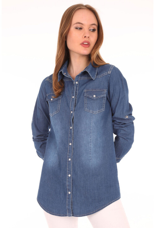 3411 Snap-Button Double Pocket Denim Shirt