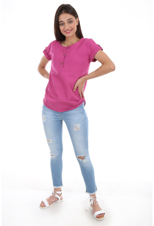 3692 Düğmeli Kısa Kol Büyük Beden Bluz