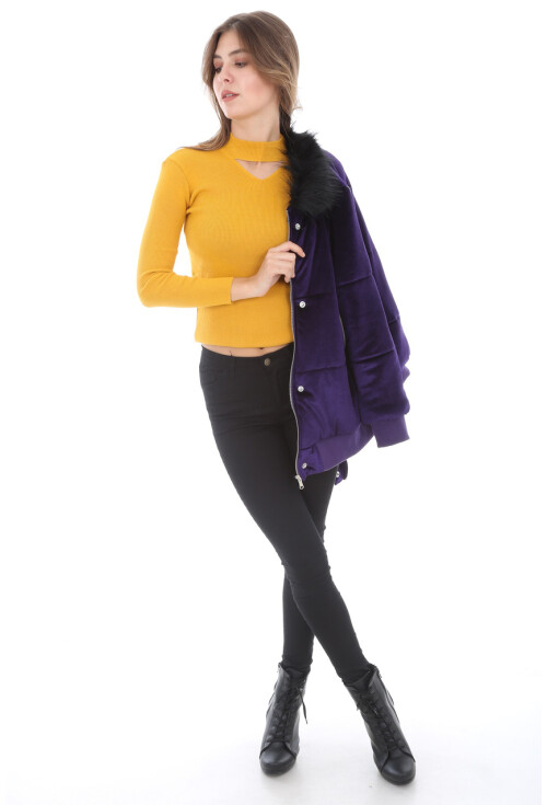 5069 Yaka Kürklü Kadife Mont