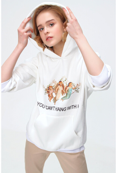55343 Baskılı Kapüşonlu Uzun Oversize Sweatshirt