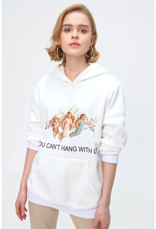 55343 Baskılı Kapüşonlu Uzun Oversize Sweatshirt