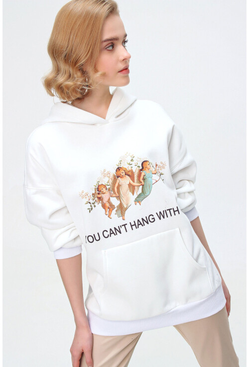 55343 Baskılı Kapüşonlu Uzun Oversize Sweatshirt