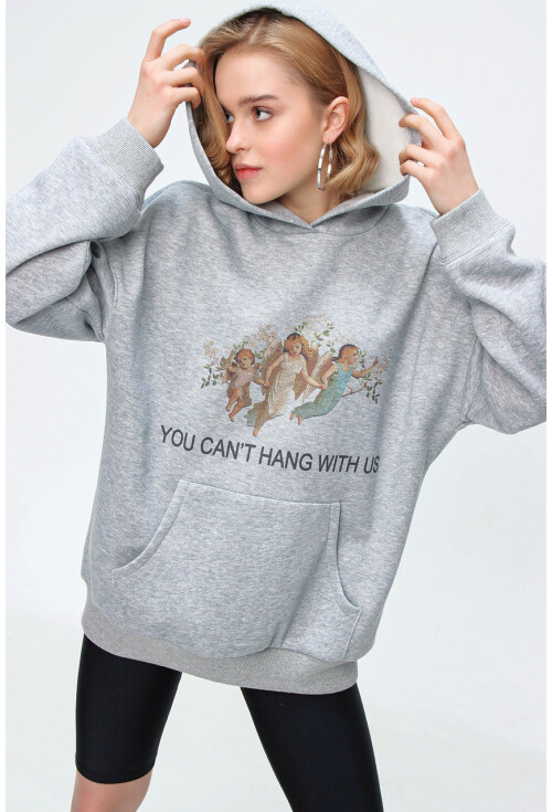 55343 Baskılı Kapüşonlu Uzun Oversize Sweatshirt