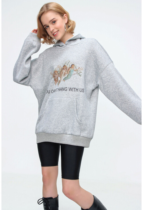 55343 Baskılı Kapüşonlu Uzun Oversize Sweatshirt