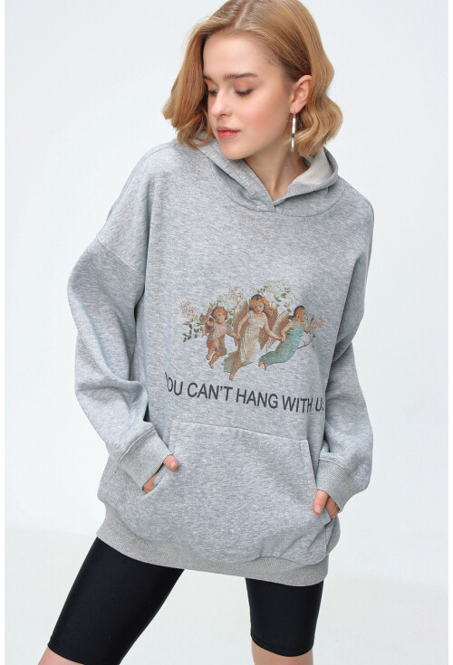 55343 Baskılı Kapüşonlu Uzun Oversize Sweatshirt