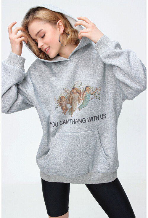 55343 Baskılı Kapüşonlu Uzun Oversize Sweatshirt