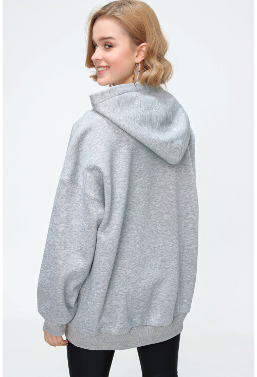55343 Baskılı Kapüşonlu Uzun Oversize Sweatshirt