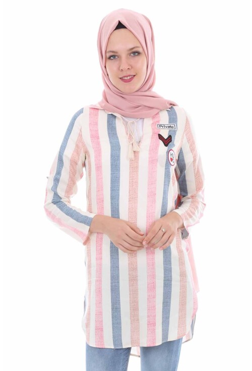 5613 Yaka Bağcıklı Çizgili Tunik