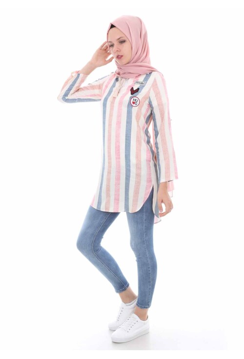 5613 Yaka Bağcıklı Çizgili Tunik