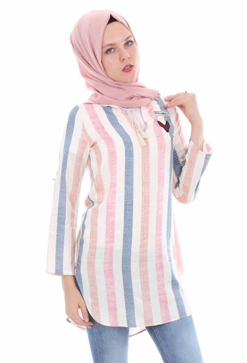 5613 Yaka Bağcıklı Çizgili Tunik