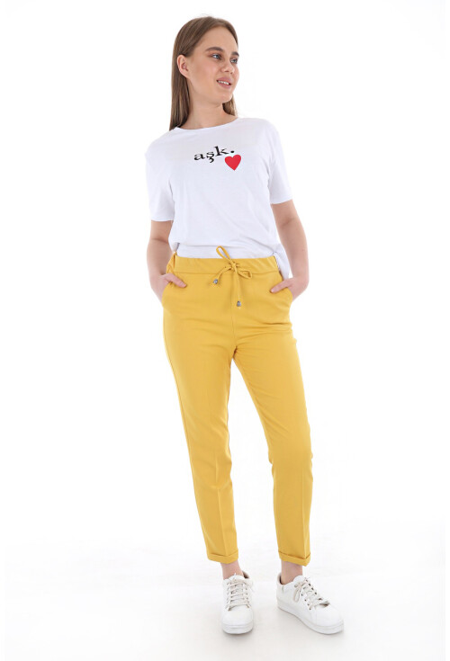 6427 Beli Lastikli Desenli Pantolon