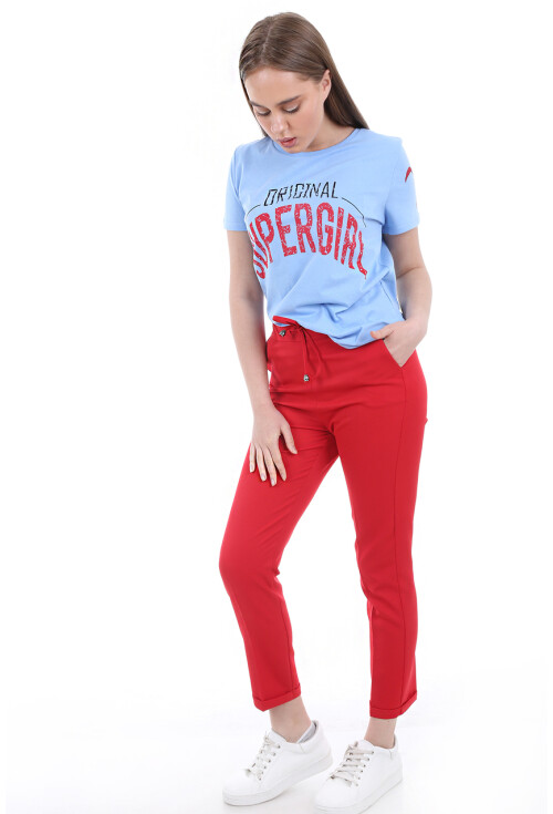 6427 Beli Lastikli Desenli Pantolon