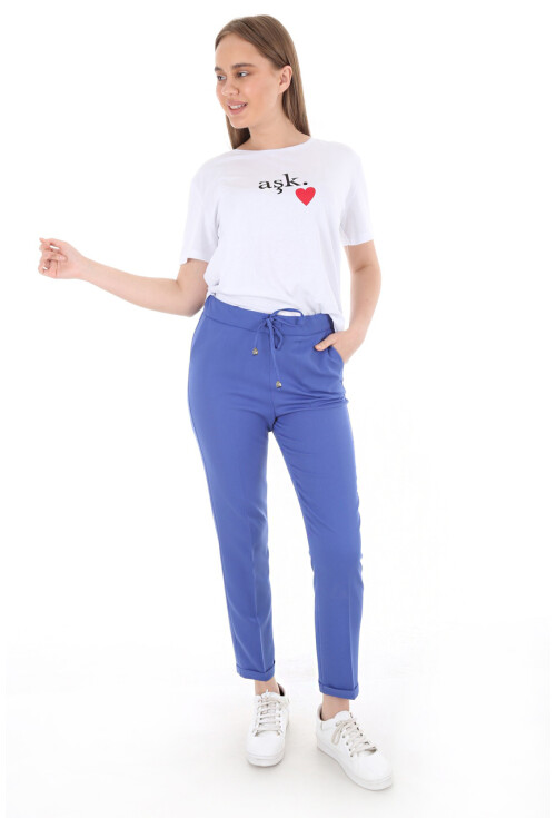 6427 Beli Lastikli Desenli Pantolon