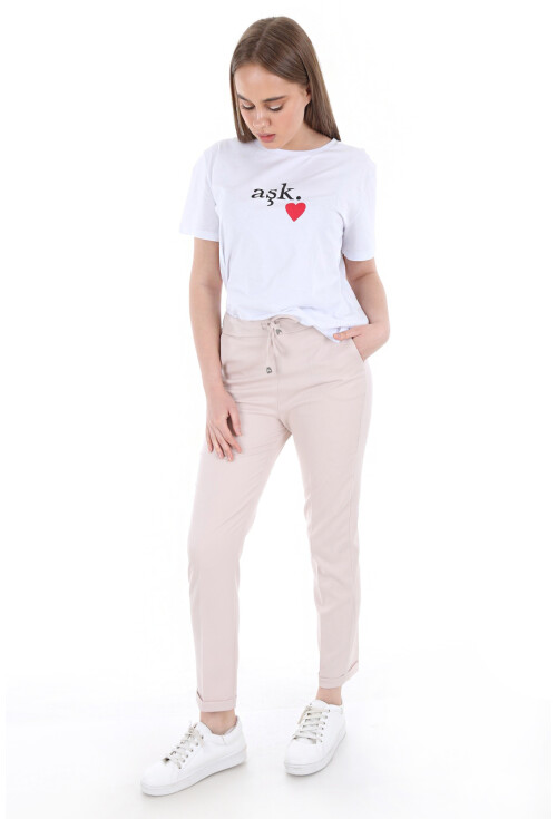 6427 Beli Lastikli Desenli Pantolon