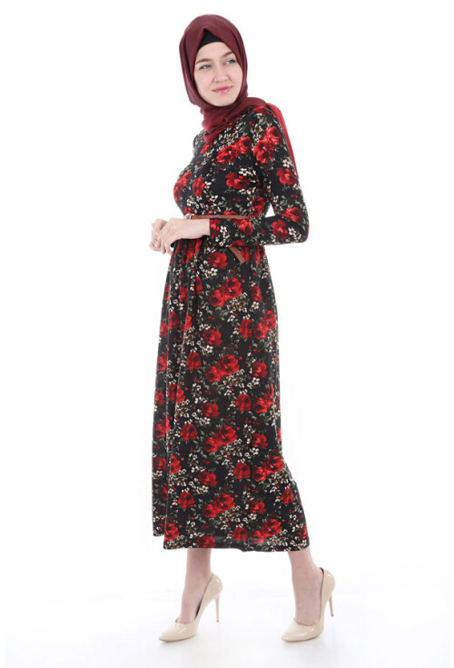 1639 Beli Kemerli Desenli Tesettür Elbise