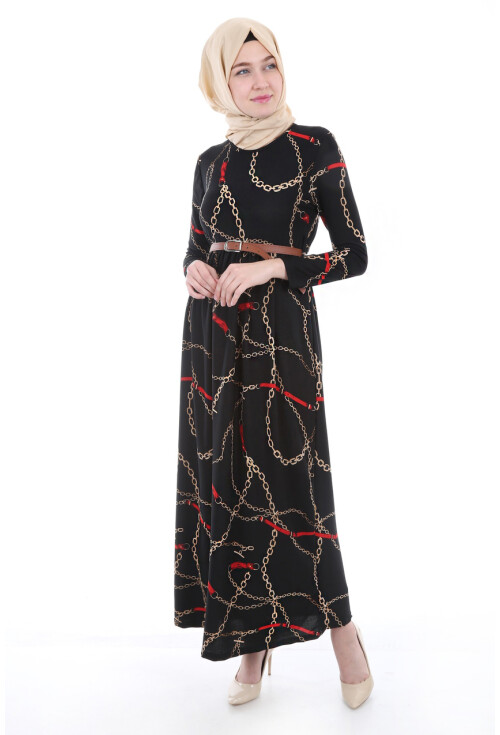 1639 Beli Kemerli Desenli Tesettür Elbise