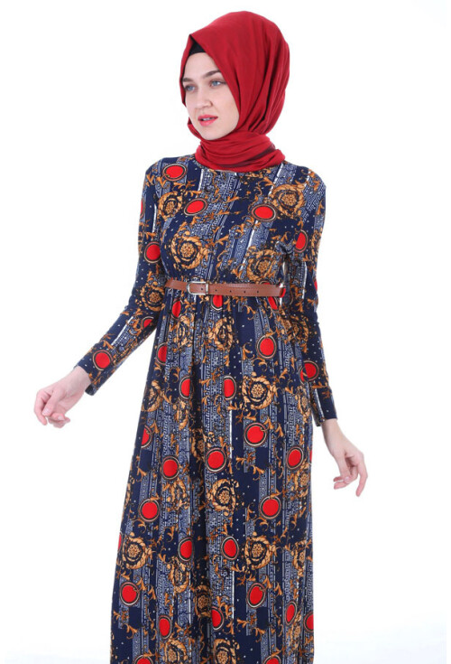 1639 Beli Kemerli Desenli Tesettür Elbise