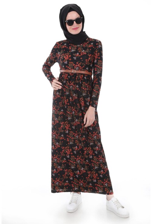 1639 Beli Kemerli Desenli Tesettür Elbise