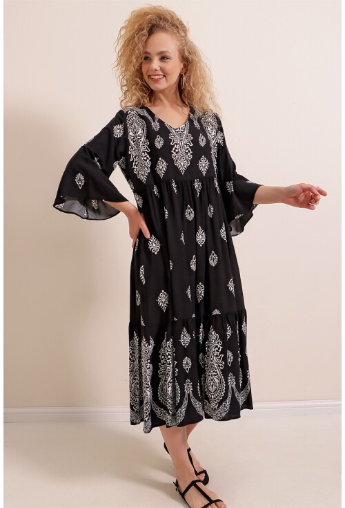 2349 V Yaka Desenli Elbise