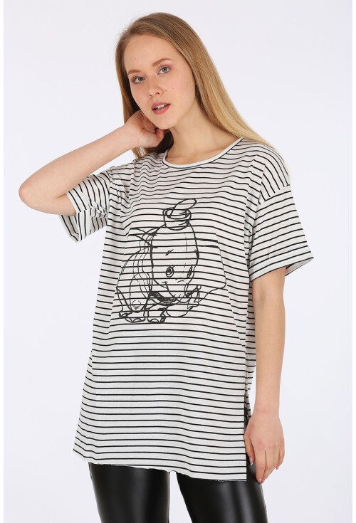 4270 Çizgili Yanı Yırtmaçlı Tshirt