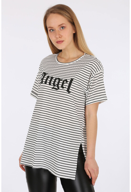 4270 Çizgili Yanı Yırtmaçlı Tshirt