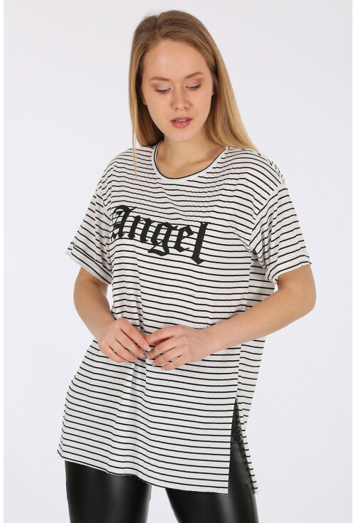 4270 Çizgili Yanı Yırtmaçlı Tshirt