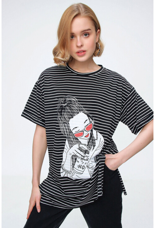 4270 Çizgili Yanı Yırtmaçlı Tshirt