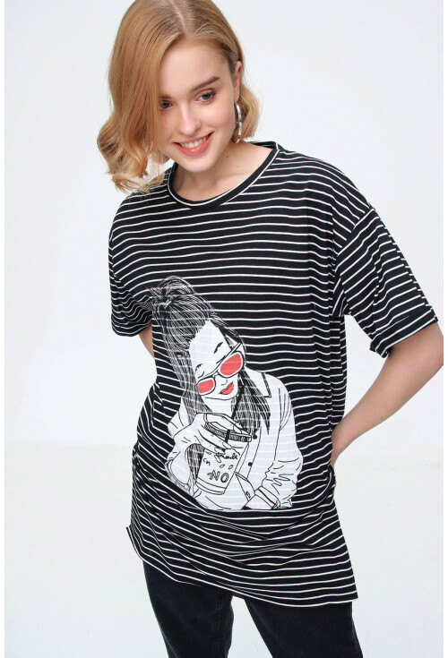 4270 Çizgili Yanı Yırtmaçlı Tshirt